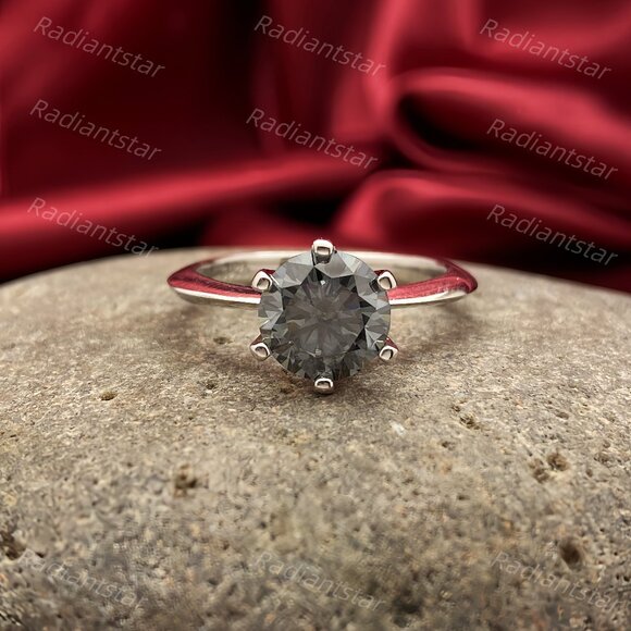 NEW Certified 2 ct. t.w. Grey Moissanite Solitaire 6 Prong Ring - Picture 3 of 8